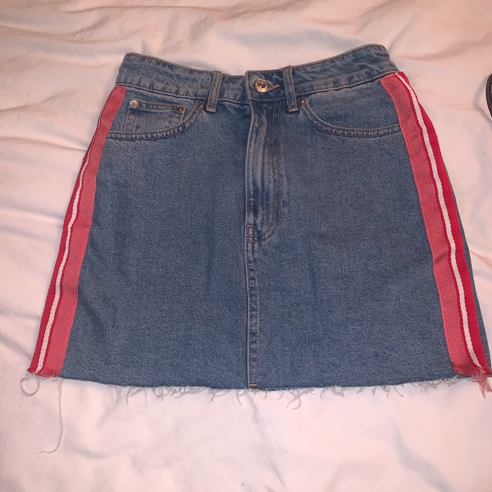 ZARA denim skirt with pink and red stripe detail